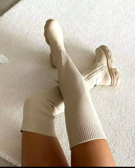 Women'S Boots plus Sizes 41 42 43 Suede Platform Knee High Boots Slim Winter plus Velvet Stretch Boots round Toe Shoe Woman Buty