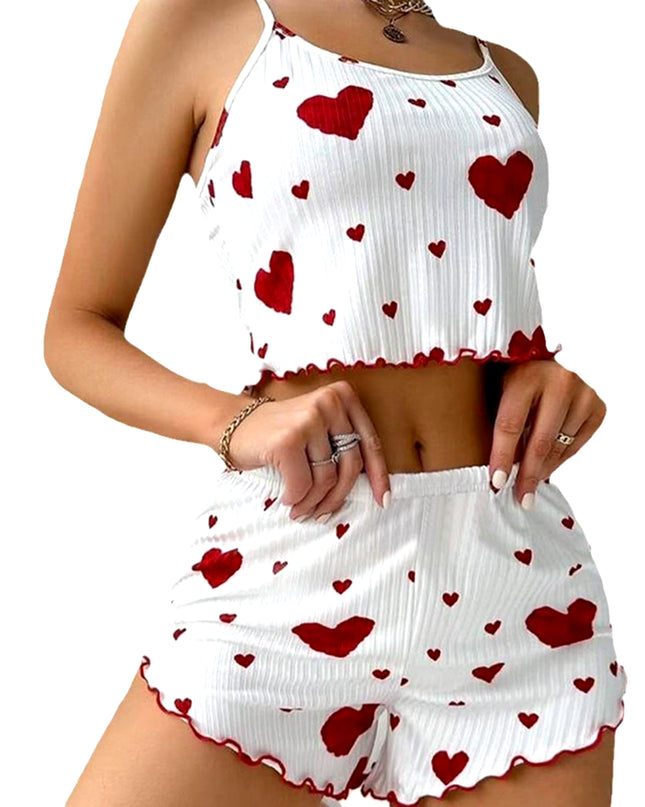 Women'S Pajamas Set Sleepwear 2 PCS Short Tank Tops and Shorts S M L White Ventilate Soft Casual Love Printing