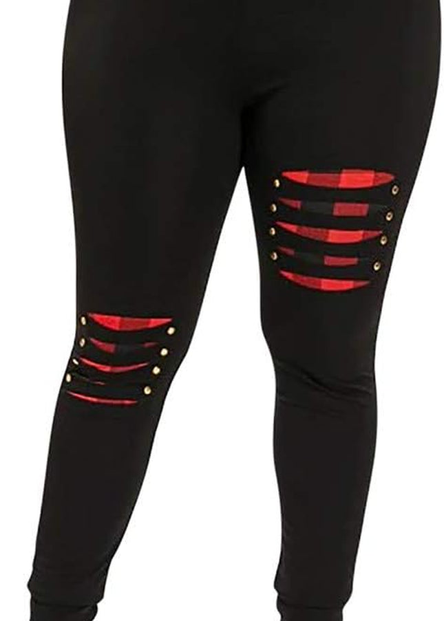 Leggings for Women plus Size Plaid Patchwork High Waist Skinny Stretchy Casual Work Pants (Black, XL)
