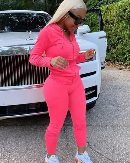 Autumn Two Piece Set Women Long Sleeve Hooded Zipper Pocket Sporty Jackets+Leggings Matching Sets Workout Stretchy Outfits