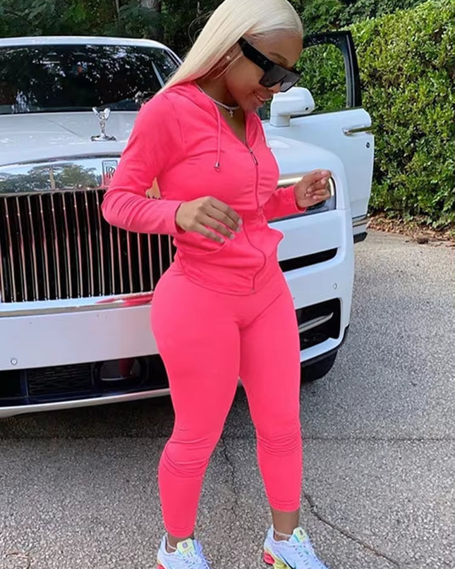 Autumn Two Piece Set Women Long Sleeve Hooded Zipper Pocket Sporty Jackets+Leggings Matching Sets Workout Stretchy Outfits