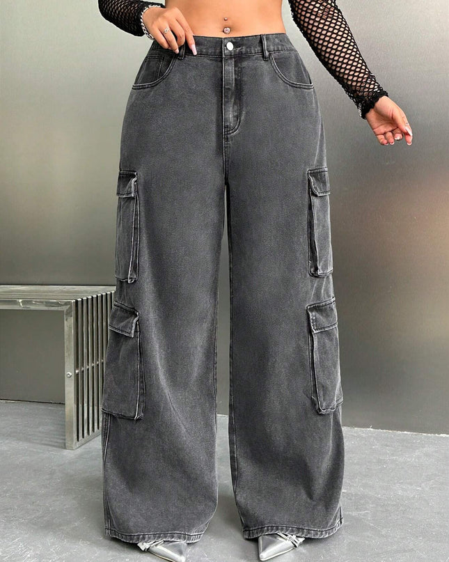 SHEIN ICON Y2K High Waist Black Cargo Pocket plus Size Straight Leg Jeans, Fall Women Clothes