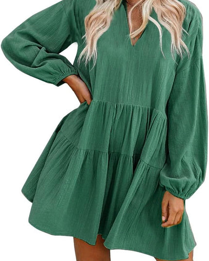 Cute Shift Tunic Dress for Women Ruffle Swing Babydoll Mini Long Sleevee Dress with Pockets