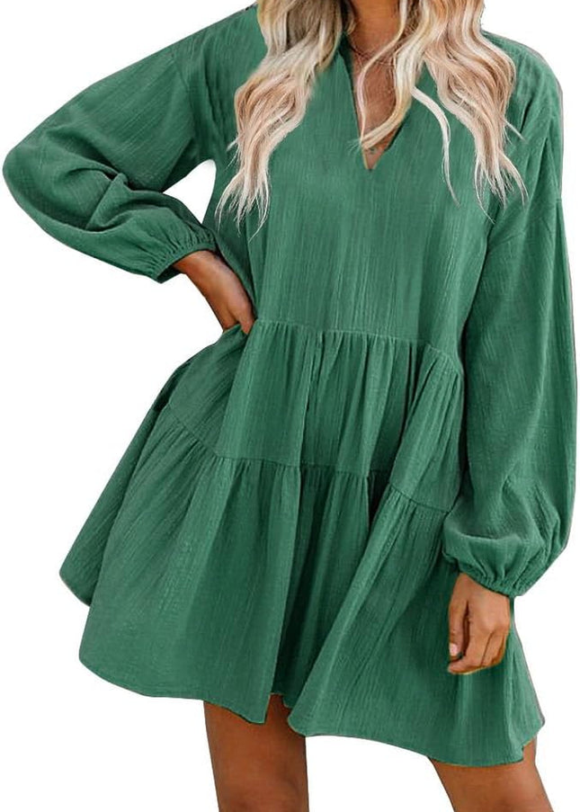Cute Shift Tunic Dress for Women Ruffle Swing Babydoll Mini Long Sleevee Dress with Pockets