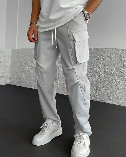 Manfinity Hypemode Men'S Loose Fit Flap Pockets Drawstring Waist Cargo Pants, Going Out Plain Long Tapered Pants, for Husband, Boyfriend Gifts, Grey Cargo Pants, Manfinity Men Cargo Pants, Men'S Cargo Sweat Pants, Men Street Wear Pants, Cargo Joggers Men, Back to School