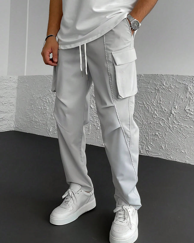 Manfinity Hypemode Men'S Loose Fit Flap Pockets Drawstring Waist Cargo Pants, Going Out Plain Long Tapered Pants, for Husband, Boyfriend Gifts, Grey Cargo Pants, Manfinity Men Cargo Pants, Men'S Cargo Sweat Pants, Men Street Wear Pants, Cargo Joggers Men, Back to School