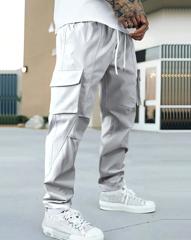 Manfinity Hypemode Men'S Loose Fit Flap Pockets Drawstring Waist Cargo Pants, Going Out Plain Long Tapered Pants, for Husband, Boyfriend Gifts, Grey Cargo Pants, Manfinity Men Cargo Pants, Men'S Cargo Sweat Pants, Men Street Wear Pants, Cargo Joggers Men, Back to School
