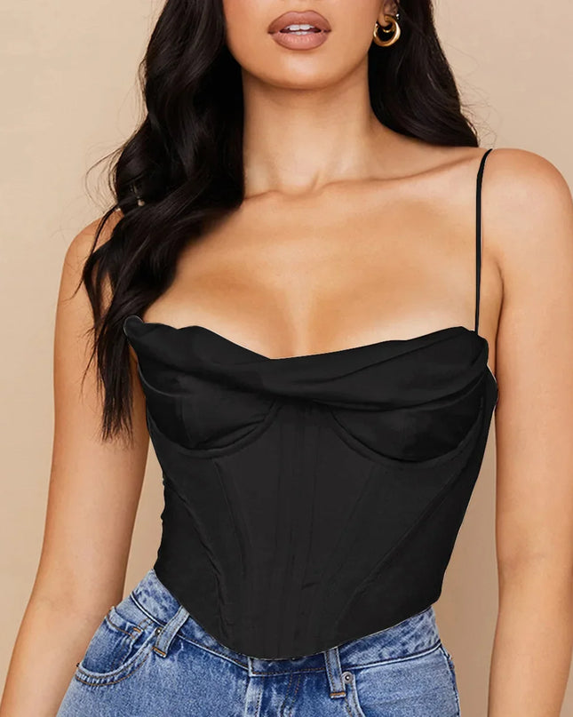 Thick Satin Bustier Corset Crop Top with Chest Pads Spaghetti Strap White Bodycon Top Summer Women Tops with Fishbone