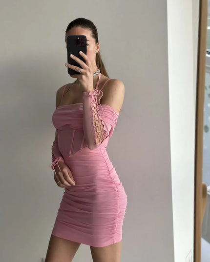 Mingmingxi Elegant off the Shoulder Mesh Dress Sexy Halter Boning Bodycon Birthday Party Dresses Pink Summer Dresses Women