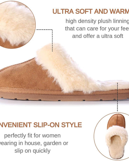 Women'S Comfy House Slippers Scuff Faux Fur House Shoes W/Indoor Outdoor Anti-Skid Rubber Sole(Camel,Small)