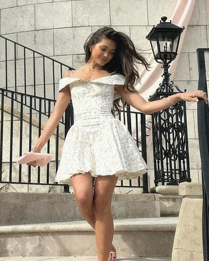 Fashion Summer Dresses 2024 Floral Print Short Party Dresses off the Shoulder Tulle Dress a Line Women'S Clothing
