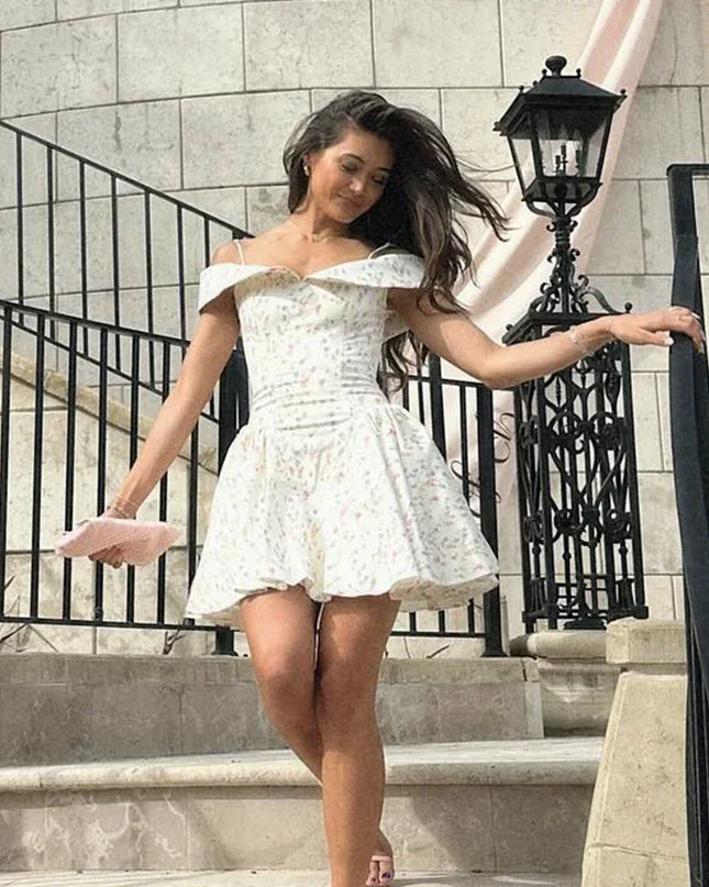 Fashion Summer Dresses 2024 Floral Print Short Party Dresses off the Shoulder Tulle Dress a Line Women'S Clothing