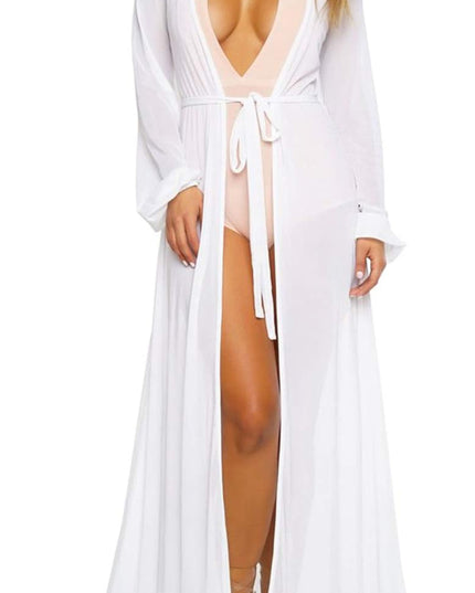 Women'S Sexy Thin Mesh Long Sleeve Tie Front Swimsuit Swim Beach Maxi Cover up Dress