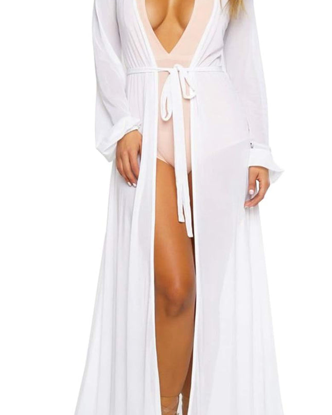 Women'S Sexy Thin Mesh Long Sleeve Tie Front Swimsuit Swim Beach Maxi Cover up Dress