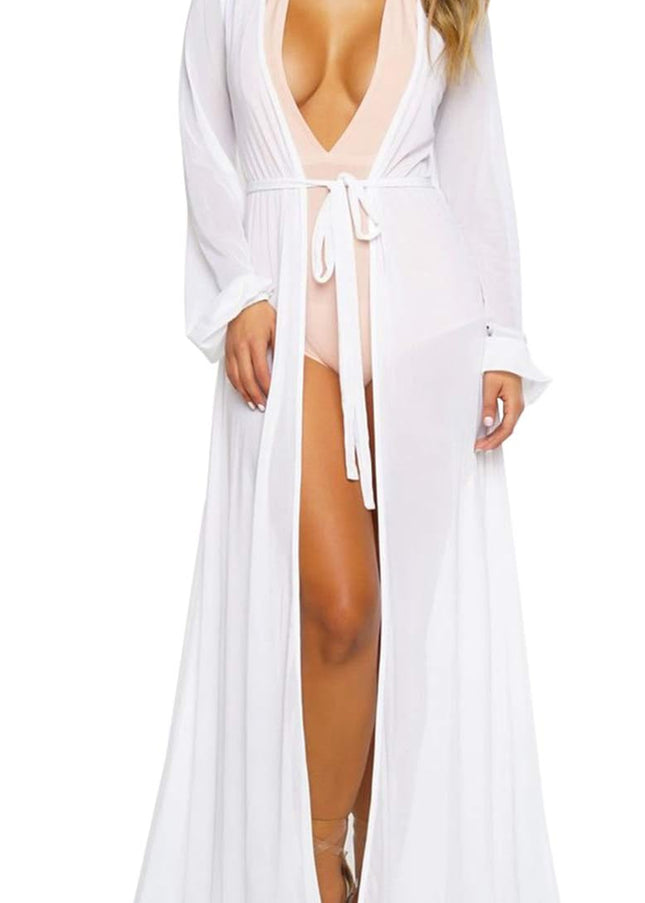 Women'S Sexy Thin Mesh Long Sleeve Tie Front Swimsuit Swim Beach Maxi Cover up Dress