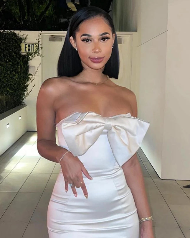 Sexy Satin Strapless White Bodycon Dress Mini Diamonds Bow Wedding Guest Night Party Dresses Summer Women Dress 2023