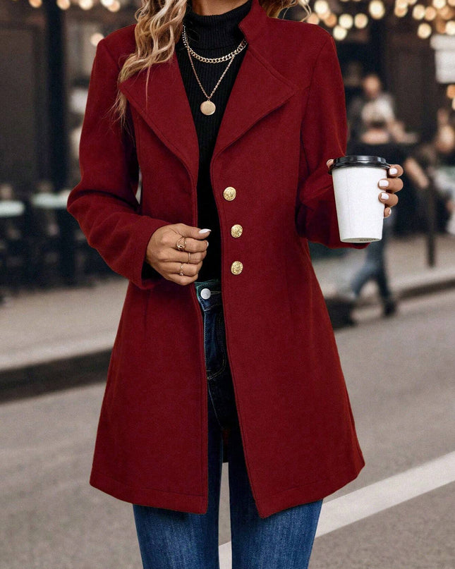 LUNE Solid Color Woolen Coat with Single Breasted Button