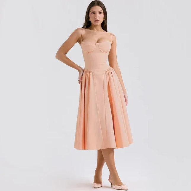 Elegant Spaghetti Strap Midi Dress Slim a Line Party Dresses Navy Blue Casual Birthday Holiday Dress Women'S Clothing