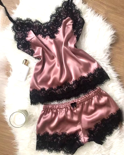 1 Set of Sexy Women'S Pajamas Sleeveless Camisole Pyjamas Lace-Trimmed Satin Camisole Pyjama Set