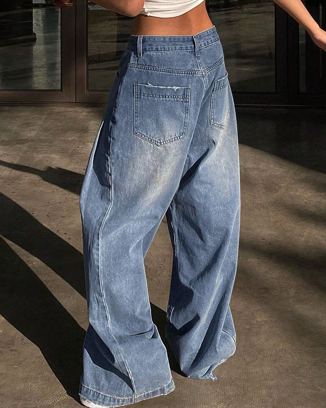 Livesso Ladies' Wide-Leg Jeans with Grinding & Distressed Details,Baggy Jeans,Back to School Clothes