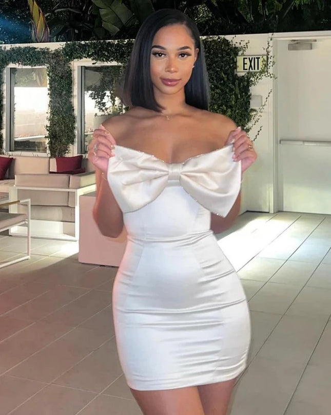 Sexy Satin Strapless White Bodycon Dress Mini Diamonds Bow Wedding Guest Night Party Dresses Summer Women Dress 2023