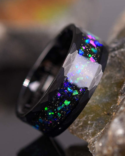 Mens Womens Tungsten Rings 8Mm 4Mm Galaxy Series Created-Opal Inlay Wedding Bands