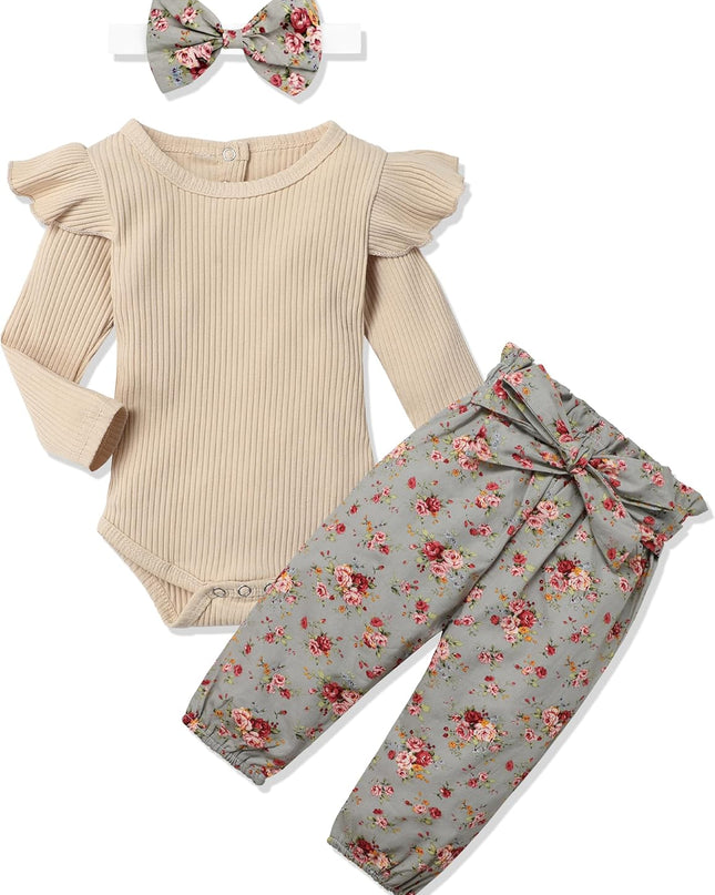 Newborn Baby Girl Clothes Ribbed Ruffle Sleeve Romper + Floral Pants + Headband Cute Infant Baby Girl Outfit 3Pcs
