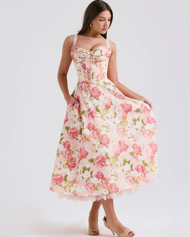Mingmingxi Elegant Summer Midi Dress 2024 New Arrivals Floral Print Holiday Flare Party Dress Casual Women Dress Wholesale