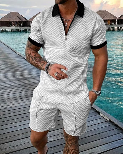 New 2025 Men'S Polo Suit Fashion Men Sets Solid Summer V-Neck Zipper Short Sleeve POLO Shirt+Shorts Two Pieces Men Casual Suit