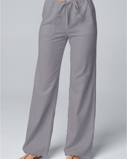 Women'S Fashion Solid Color Loose Lace-Up Cotton and Linen Straight-Leg Pants