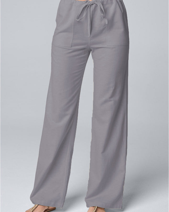 Women'S Fashion Solid Color Loose Lace-Up Cotton and Linen Straight-Leg Pants
