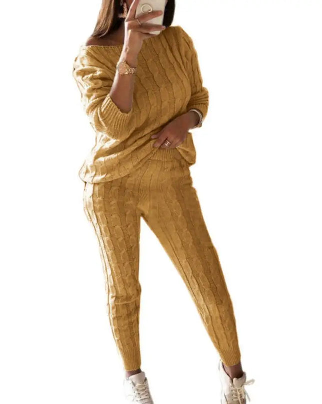 Hot Sale 2 Pieces Women'S Suit Winter Solid Color Knitted Pants Suit Women'S Long-Sleeved Knitted Casual Two-Piece Thick Sweater