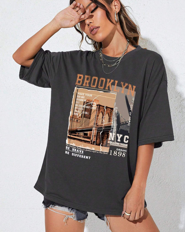 INAWLY Street View and Slogan Graphic Drop Shoulder Tee MAKE YOUR OWN WAY GROWING up FAST BUILDING without LIMITS a PLACE in the CITY to CALL HOME CITY of HOMES NYC FOLLOW YOUR DREAMS 1898 the Brooklyn Bridge Is a Famous Sight in New York BE BRAVE BE DIFFERENT Graphic Tees Women Tops