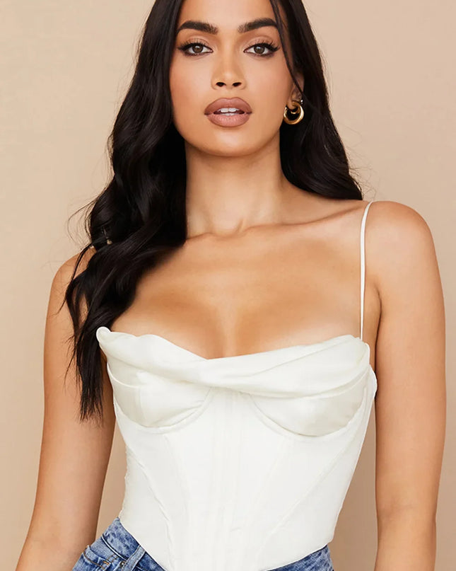 Thick Satin Bustier Corset Crop Top with Chest Pads Spaghetti Strap White Bodycon Top Summer Women Tops with Fishbone