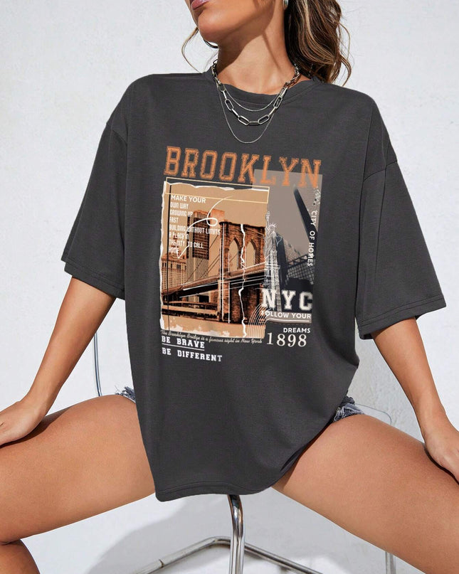 INAWLY Street View and Slogan Graphic Drop Shoulder Tee MAKE YOUR OWN WAY GROWING up FAST BUILDING without LIMITS a PLACE in the CITY to CALL HOME CITY of HOMES NYC FOLLOW YOUR DREAMS 1898 the Brooklyn Bridge Is a Famous Sight in New York BE BRAVE BE DIFFERENT Graphic Tees Women Tops