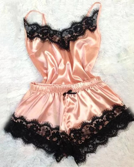 1 Set of Sexy Women'S Pajamas Sleeveless Camisole Pyjamas Lace-Trimmed Satin Camisole Pyjama Set