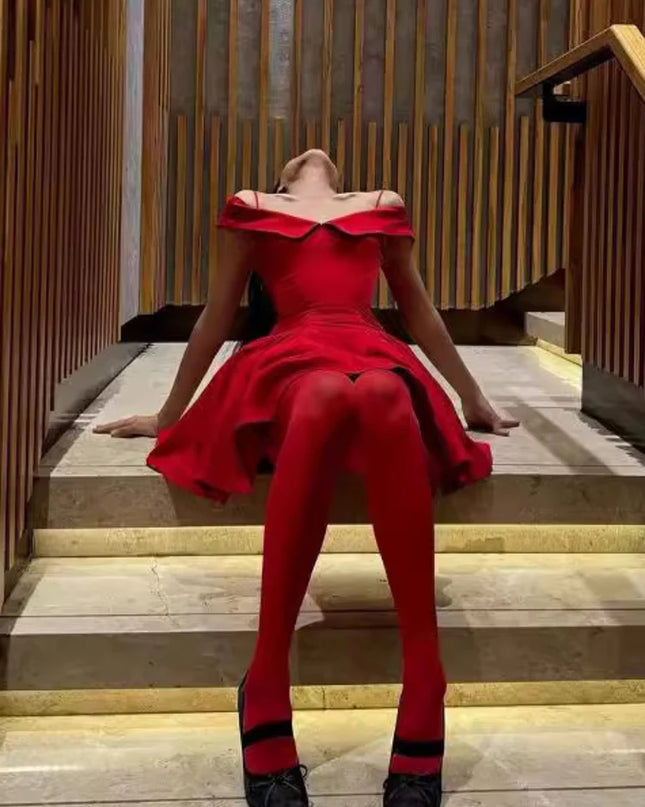Summer Elegant Dresses for Women Red off the Shoulder Bodycon Party Dresses Mini Casual a Line Fluffy Dress for Holiday