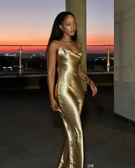 Elegant Satin Backless Maxi Dress for Women Gown Summer Spaghetti Strap Sleeveless Party Long Dress Vestido Robe Femmes