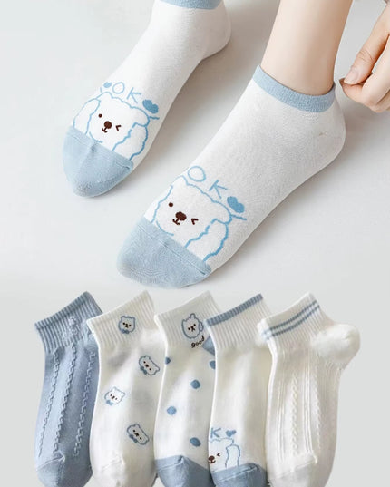 5 Pairs Womens Socks Lovely Cow Pattern Short Socks Creative Printing Socks Ankle Sock