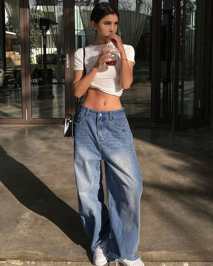 Livesso Ladies' Wide-Leg Jeans with Grinding & Distressed Details,Baggy Jeans,Back to School Clothes