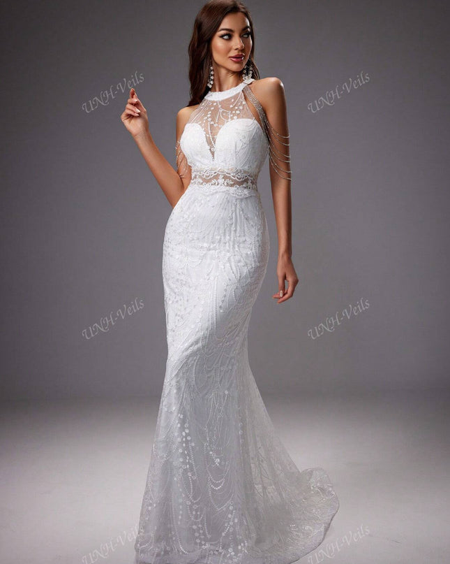 UNITHORSE Elegant, Gorgeous and Romantic, White Color, Off-Shoulder Sleeveless, Mermaid Tail Design, See-Through Elastic Lace Breast Cup, Chain Decor Embroidery Mesh Wedding Dress Gown, All White Party Outfit Women