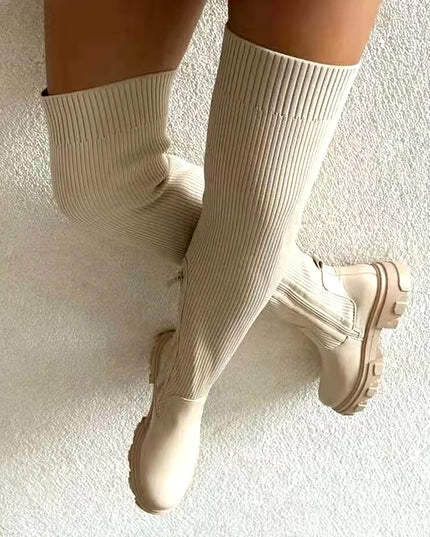 Women'S Boots plus Sizes 41 42 43 Suede Platform Knee High Boots Slim Winter plus Velvet Stretch Boots round Toe Shoe Woman Buty