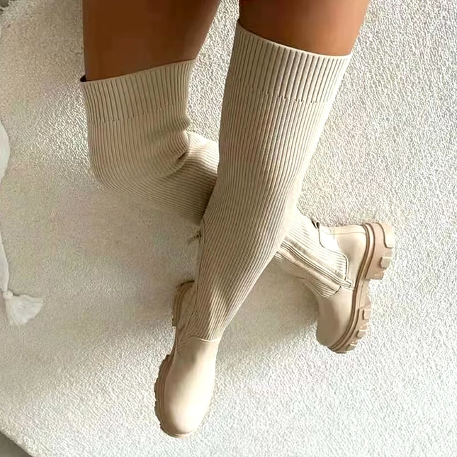 Women'S Boots plus Sizes 41 42 43 Suede Platform Knee High Boots Slim Winter plus Velvet Stretch Boots round Toe Shoe Woman Buty