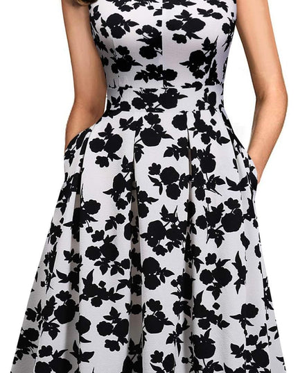 Summer Dresses for Women with Pockets Elegant Retro 50S Pleated V Keyhole Sleeveless Holiday Party Dance Wedding Guest Dress (S, Sp81-White Black Flo)