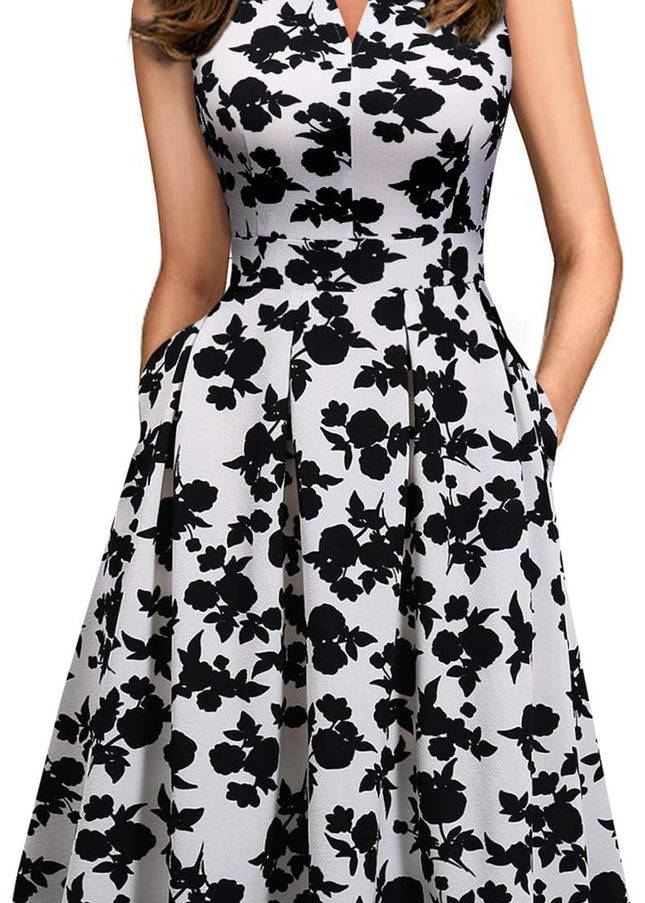 Summer Dresses for Women with Pockets Elegant Retro 50S Pleated V Keyhole Sleeveless Holiday Party Dance Wedding Guest Dress (S, Sp81-White Black Flo)