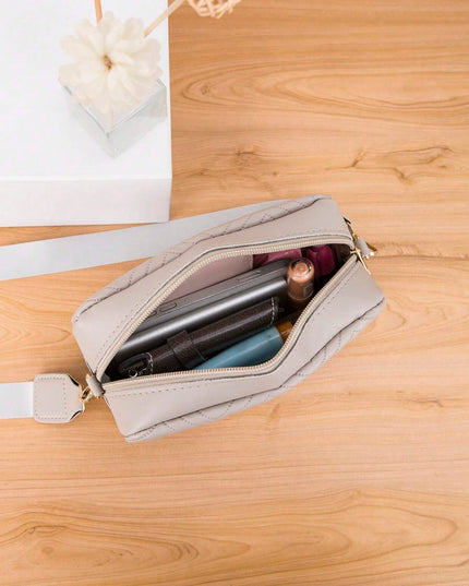 1Pc Gray Quilted V-Groove Embossed Lady'S Fashion Versatile Shoulder Crossbody Messenger Bag with Gold Metal Decor