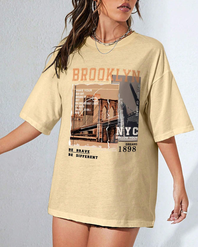 INAWLY Street View and Slogan Graphic Drop Shoulder Tee MAKE YOUR OWN WAY GROWING up FAST BUILDING without LIMITS a PLACE in the CITY to CALL HOME CITY of HOMES NYC FOLLOW YOUR DREAMS 1898 the Brooklyn Bridge Is a Famous Sight in New York BE BRAVE BE DIFFERENT Graphic Tees Women Tops