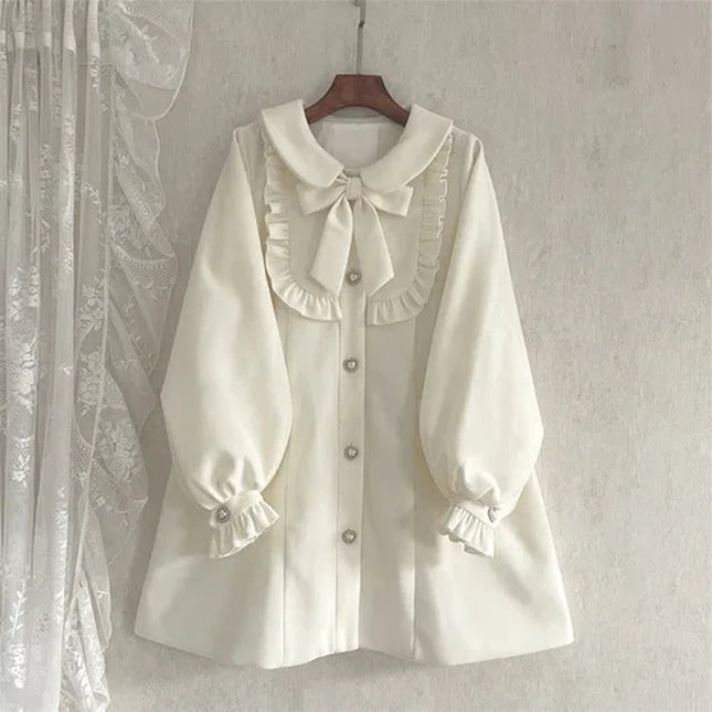 Winter Women'S Woolen Coat Japanese Lolita Style Sweet Kawai Bow A-Line Loose Jackets Female Elegant Fall Korean Fashion Outwear