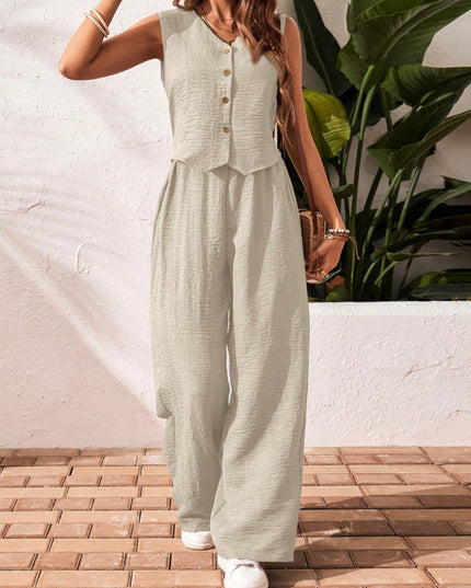 Frenchy Women'S Solid Color Front Button Sleeveless Blouse and Long Pants Casual Suit Set Fall Women Outfits Women Outfit Sets Winter Women Sets