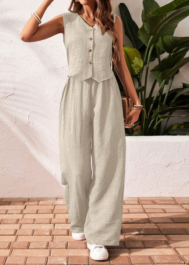 Frenchy Women'S Solid Color Front Button Sleeveless Blouse and Long Pants Casual Suit Set Fall Women Outfits Women Outfit Sets Winter Women Sets